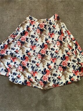 Chris & Carol Cream Skater Skirt with Coral Roses and Navy Leaves